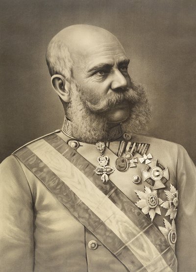 Portretlithografie keizer Franz Joseph I in uniform met ordetekens door Unbekannt Unbekannt